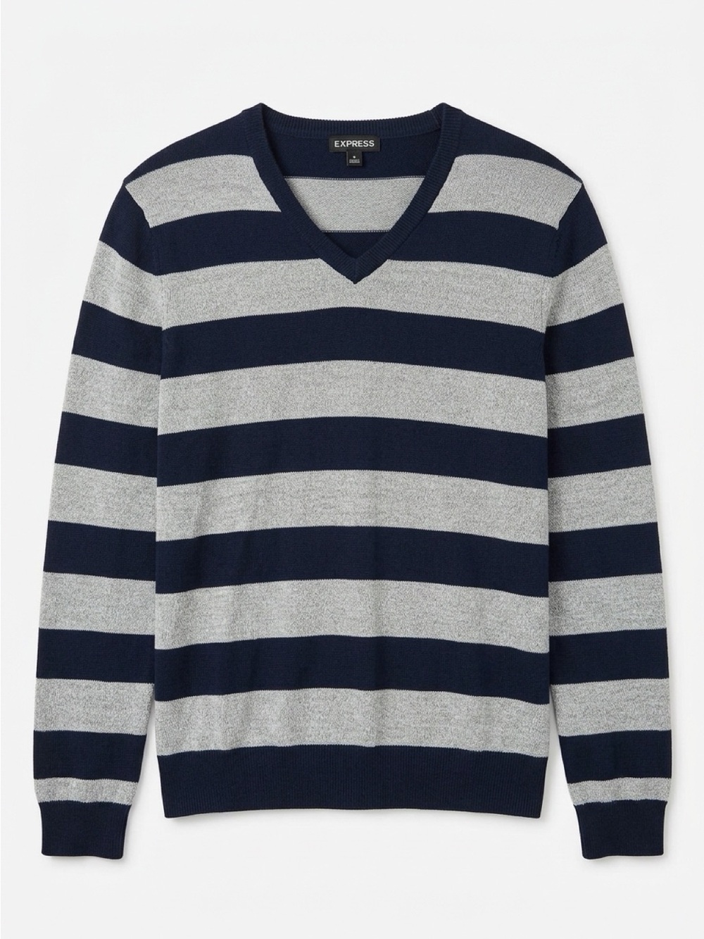 Express Men's Navy & Gray Striped V-Neck Sweater - M